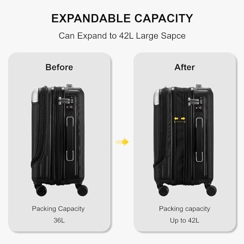 LEVEL8 Koffer Trolley in kompaktem und erweitertem Zustand, schwarz, mit Laptopfach, leicht manövrierbar durch 360-Grad-Rollen, ideal für Reisen mit 36-42 Litern Volumen.