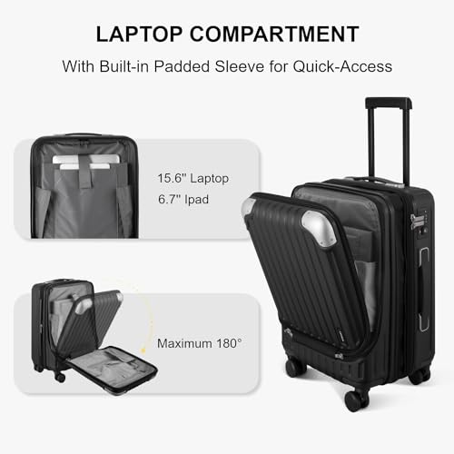 LEVEL8 Koffer Trolley in Schwarz, leichtes und robustes Handgepäck mit Laptopfach, erweiterbar und mit 360-Grad-Drehrollen für mühelose Mobilität, ideal für Reisen.