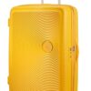 American Tourister Soundbox Spinner L Expandable Suitcase in Golden Yellow, 77 cm, 110 L, robust und stilvoll mit 360 Grad drehbaren Rollen.
