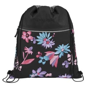 Coocazoo Turnbeutel Floral Artnight in schwarz-blau mit bunten floralen Mustern, extra Reißverschlussfach und Kordelzugverschluss für Sport- und Schulausflüge, 10 Liter Volumen, geeignet ab der 3. Klasse.