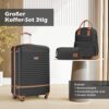 Drei-teiliges Koffer-Set in Schwarz-Braun bestehend aus einem großen Hartschalenkoffer, einem Reiserucksack und einem Kulturbeutel, ideal für Reisen.