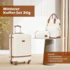 Stylisches mittleres Koffer-Set bestehend aus einem Koffer, einem Rucksack und einer Kosmetiktasche in creme und braun mit robusten Rollen und Teleskopgriff, ideal für Reisen.