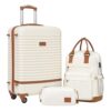 COOLIFE Koffer Trolley Set in Weiß und Braun, bestehend aus einem mittleren Koffer, einem Rucksack und einer Kosmetiktasche, ideal für Reisen mit robustem Design und TSA-Schloss.