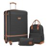 Drei-teiliges Koffer-Set bestehend aus einem großen Hartschalenkoffer, einem praktischen Rucksack und einem stilvollen Kulturbeutel in Schwarz und Braun, ideal für Reisen.