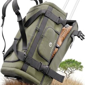 Innovative EVERGLOBE Reisetasche mit Rollen in Khaki, die als Trolley, Rucksack und Tragetasche verwendet werden kann, auf einem natürlichen Untergrund aus Gras dargestellt. Die Tasche bietet Platz für 90 Liter Gepäck und ist ideal für Reisen und Outdoor-Aktivitäten.