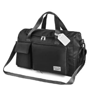 Faltbare Reisetasche in Schwarz aus wasserdichtem Material mit ergonomischen Griffen und verstellbarem Schultergurt für Herren und Damen.