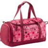 Sporttasche für Kinder in rosa und rot mit zylindrischer Form, ideal für Sport und Reisen, ausgestattet mit Tragegriffen und einem auffälligen kreisförmigen Design.