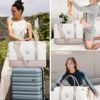 Vielseitige Reisetasche für Damen in eleganter Beige Nude Rosa Farbe, ideal für Reisen, Fitness, Strand und Krankenhausaufenthalte. Das Bild zeigt die Tasche in verschiedenen Szenarien der Nutzung.