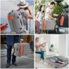 Lumesner Handgepäck-Rucksack in Grau mit orangefarbenen Akzenten, gezeigt in verschiedenen Anwendungssituationen für Reisen, Freizeit und Geschäftsreisen.