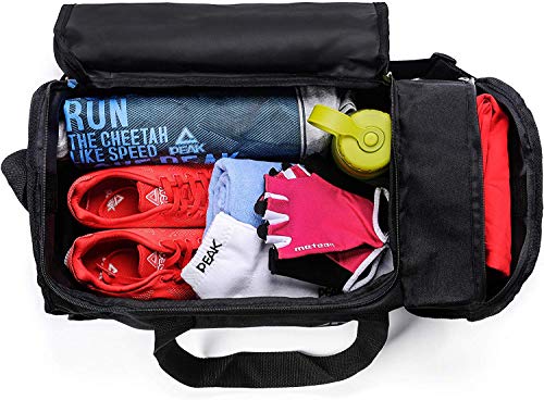 Vielseitige meteor Sporttasche in Blau und Minze, ideal für Kinder und Erwachsene, geöffnete Tasche mit Sporthandtuch, Schuhen und Wasserflasche für sportliche Aktivitäten.