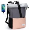 Modernen Rolltop Rucksack in Rosa und Grau mit vielen Fächern, ideal für Schule, Uni, Arbeit und Freizeit, wasserdicht und mit 15,6 Zoll Laptopfach.