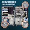 MONZANA® Kofferset 4tlg Hartschalen Koffer in Silber mit gelben Griffen und 4 Rollen, geöffnet und optimal organisiert mit Kleidersachen und Reiseutensilien.