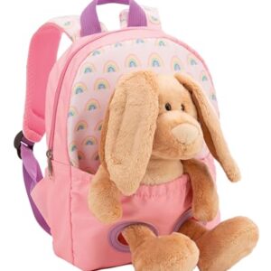 NICI Rucksack in Rosa mit abnehmbarem Plüschtier-Hase, ideal für Kindergarten und als Kuschelfreund für Kinder, verziert mit bunten Regenbögen.