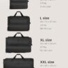 Grafische Darstellung der REDOLZ XXL Jumbo Trolley-Reisetasche mit Rollen, Maße und Volumenübersicht von 150 bis 185 Litern in modernem Design.