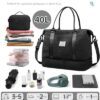 Schwarze Wochenendtasche für Damen mit großem Volumen, abnehmbarem Schultergurt und nützlichen Fächern, ideal für Reisen, Fitnessstudio und Übernachtungen.