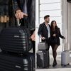 Schwarzer Reisekoffer Groß mit glänzendem Finish, ausgestattet mit 4 Spinner-Rollen und einem Teleskopgriff, präsentiert von einem Paar in urbaner Umgebung.