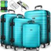 Ökologisches Reisekoffer Set in leuchtendem Türkisblau, bestehend aus vier Größen (S, M, L, XL) mit robusten ABS-Kunststoffmaterialien, TSA-Schloss, Gepäckwaage und Zubehör, geeignet für moderne Reisende.