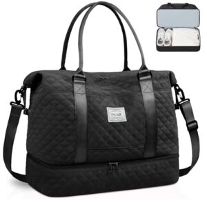 Schwarze Reisetasche für Damen, Ideal für Reisen, Fitnessstudio und Übernachtungen, mit geräumiger Hauptöffnung und zusätzlichen Fächern.