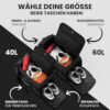 Zwei Sporttaschen mit unterschiedlichen Größen von 40 Litern und 60 Litern, die in Schwarz gehalten sind. Die 40-Liter-Tasche zeigt ihren Inhalt mit Schuhen, einem Basketball und einer Trinkflasche, während die 60-Liter-Tasche mehr Platz bietet. Ideal für Sport, Reisen und Outdoor-Aktivitäten.