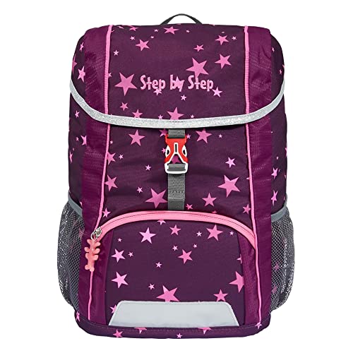 Ergonomischer lila-rosa Rucksack für Kinder mit Einhorn-Motiv und bunten Sternen, geeignet für Kindergarten und Freizeit, inklusive Sitzkissen und höhenverstellbarem Brustgurt.