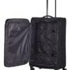Travelite 4-Rad Koffer Größe L Weichschale in zeitloser schwarzer Optik mit vier Rollen und geöffneter Innenseite, ideal für längere Reisen.