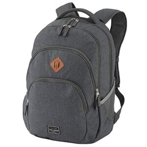 travelite Handgepäck Rucksack in modernem Grau mit braunem Leder-Panel, geeignet für Laptop bis 15,6 Zoll, ideal für Reisen und täglichen Gebrauch, mit mehreren Fächern und ergonomischen Tragegurten.