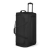 Zwei große schwarze Trolley-Reisetaschen mit Rollen, ausgestattet mit einem ausziehbaren Teleskopgriff, ideal für Reisen, mit großzügigem Innenraum für Gepäckorganisation.
