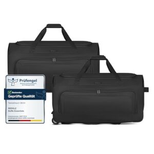 Zwei große schwarze Trolley-Reisetaschen mit Rollen in minimalistischer Designs, geeignet für Männer und Frauen. Die Taschen bieten ausreichend Platz für Reiseutensilien und sind aus strapazierfähigem Material gefertigt.