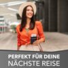 Junge Frau mit Reisepass und Koffer in einem modernen Reiseumfeld, symbolisiert die Vorfreude auf Reisen mit dem Xonic Design Reisekoffer in Schwarz.