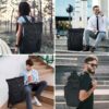 Vier Bilder von verschiedenen Personen, die einen schwarzen Yooler Rolltop Rucksack tragen. Eine Person steht in der Natur, ein Mann in formeller Kleidung telefoniert, ein junger Mann sitzt abgelenkt mit seinem Smartphone und ein weiterer Mann posiert lässig in urbaner Umgebung.