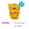 Ergonomischer Kindergarten-Rucksack für Kinder im Tiger-Design in leuchtendem Gelb mit Reflektoren und Namensschild.