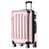 Moderner Hartschalenkoffer in Rosa Gold mit Teleskopgriff und vier drehbaren Rollen, ideal für Reisen.
