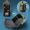 Cabin Max Handgepäck Rucksack in olivgrün, geöffnet, auf blauem Hintergrund, mit gepolsterten Trägern und zahlreichen Innenfächern für optimale Organisation beim Reisen.