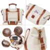 Elegante, helle Reisetasche mit braunen Akzenten, designed für Reisen. Sichtbare Teleskophalterung und komfortable Griffe, ideal zur Befestigung an einem Rollkoffer. Innen gut organisiert mit Fächern für Smartphone und Reisepass.