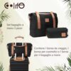3-teiliges Set von Handgepäck-Taschen, bestehend aus einer großen Reisetasche und einer Kosmetiktasche in Schwarz mit braunen Akzenten, präsentiert auf einem Gepäckstück mit einem klaren, minimalistischen Hintergrund.