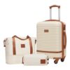 Elegantes 3-teiliges Reisegepäck-Set bestehend aus einem großen Koffer, einer Tragetasche und einem Kulturbeutel in cremiger Farbe. Ideal für stilvolle Reisen und komfortable Organisation.