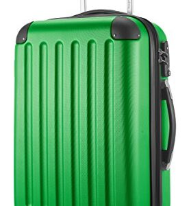 Mittelgroßer Hartschalen-Handgepäckkoffer in Grün mit Teleskopgriff und vier gummierten Rollen, ideal für Reisen und Flugreisen.
