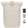 Beige Larkson Rolltop Rucksack für Damen und Herren mit Laptopfach, ideal für Uni und Reisen, wasserabweisend und mit großer Stauraumkapazität.