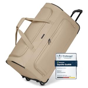 Große L Trolley-Reisetasche mit Rollen in neutralem Sandton, ideal für Reisen mit 81 Litern Fassungsvermögen und praktischem Teleskopgriff.