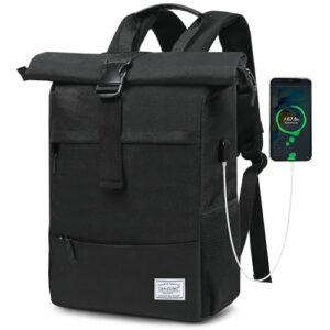 Moderner, schwarzer TANTOMI Rucksack für Damen und Herren im Rolltop-Design, robust und wasserdicht, ideal für Schule, Uni und Reisen.