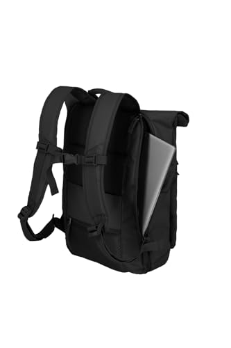Schwarzer Travelite Handgepäck Rucksack mit Rolltop-Funktion, ideal für Schule, Arbeit und Freizeit, mit gepolstertem Laptopfach für Geräte bis 15,6 Zoll.