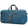 Faltbare Reisetasche mit 85 Litern Volumen in Blau, ausgestattet mit integriertem Schuhfach und mehreren Taschen für optimale Organisation.