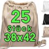 Set von 25 OEKO-TEX® zertifizierten Baumwoll Turnbeuteln in naturbelassener Farbe, 38 x 42 cm, ideal für Sport, Einkauf und kreative Projekte.