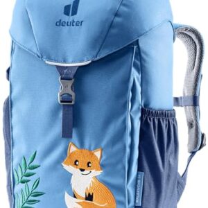 Bunter Kinderrucksack Deuter Waldfuchs 14 in hellem Blau mit niedlichem Fuchs-Applikation und ergonomischen Tragegurten, ideal für Kinder im Waldkindergarten und beim Naturentdecken.