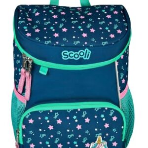 Ergonomischer Mini-Me Kindergartenrucksack in Dunkelblau mit buntem Sternenmuster und Einhorn-Applikation für Jungen und Mädchen, ideal für die Vorschule.