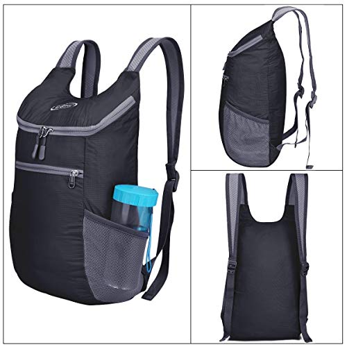 Leichter, faltbarer Rucksack in Schwarz, ideal für Wandern und Reisen, gefertigt aus wasser- und reißfestem Material mit gepolsterten Schultergurten und mehreren Fächern zur organisierten Aufbewahrung.