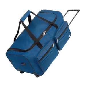Große Reisetasche mit Rollen und Teleskopgriff in marinblau, ideal für Reisen mit einem Volumen von 85 Litern. Die Tasche bietet praktische Standfüße und robuste Reißverschlusstaschen für zusätzliche Aufbewahrung.