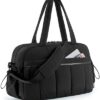 Schwarze wasserabweisende Puffer Reisetasche mit gepolsterten Griffen und abnehmbarem Schultergurt, ideal für Sport, Reisen und Fitness, ausgestattet mit einem separaten Fach für nasse Gegenstände.