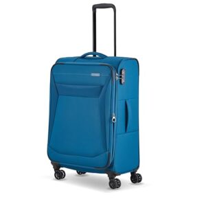 Travelite 4-Rad Koffer Größe M in Petrol mit Dehnfalte und Kantenschutz, ideal für Reisen mit einem Volumen von bis zu 66 Litern.