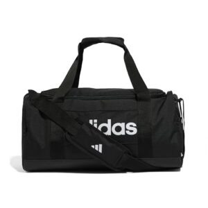 adidas Unisex Essentials Linear Duffel Bag in Schwarz mit robustem Design für Sport und Freizeit, 24 Liter Volumen und praktische Fächeranordnung.